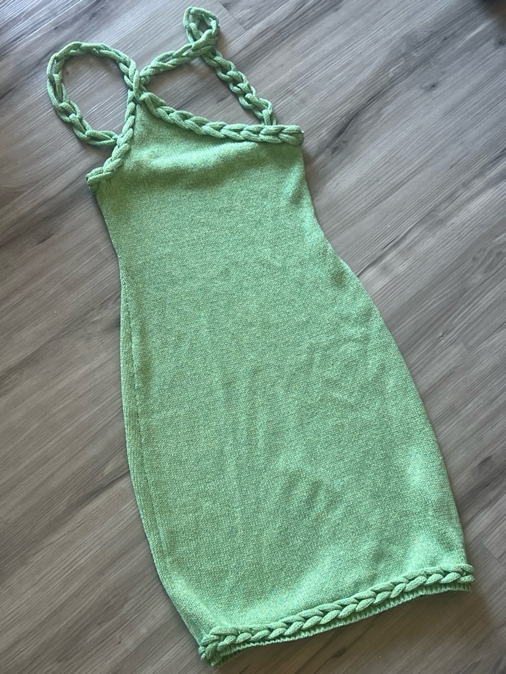 White Fox Braided Strap Green Knit Bodycon Dress